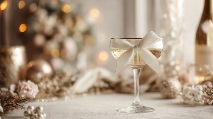   A zoomed-in image of a wine glass with a ribbon tied around it, accompanied by a bottle of wine in the backdrop