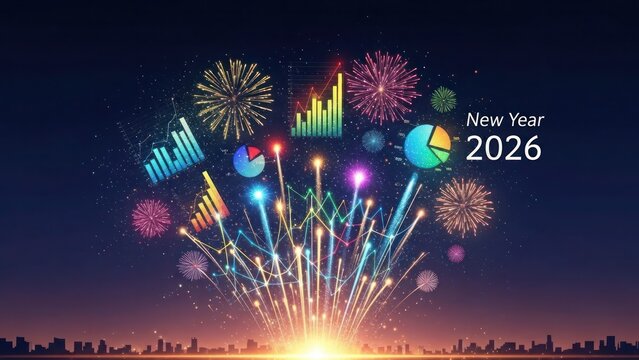 New Year 2026 celebration with financial charts and fireworks - Powered by Adobe