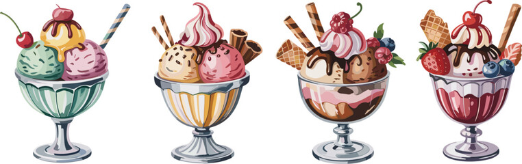 Ice Cream Sundae Illustration Set – Colorful Dessert Cups with Toppings, Fruits, and Garnishes for Menu Design, Food Art, and Summer Themes © Mst