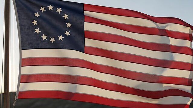 A detailed representation of the historical betsy ross flag waving in the wind. 13 colonies flag for history education