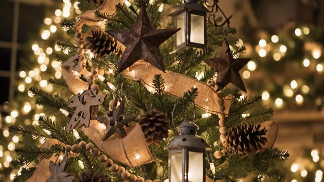 Slow vertical tilt up along the rich texture of the rustic Christmas tree, highlighting the dense amber string lights and unique lantern style ornaments mood lighting, tilt shot, holiday warmth
