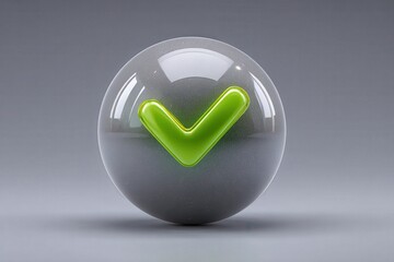 Green sphere with a gold check mark symbol representing approval and success rendered against gray