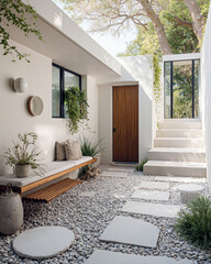 Rustic wooden bench outside white cottage entrance with vintage door and climbing vines