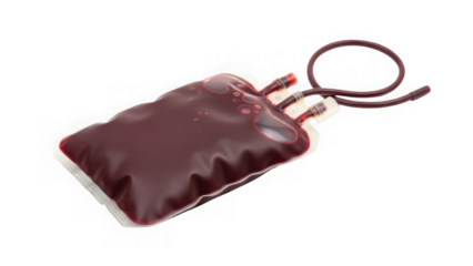 Blood bag with red liquid on transparent background isolated