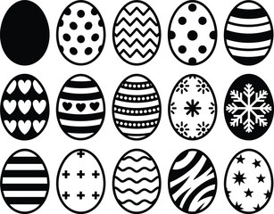 Stylized black and white Easter egg collection with creative decorative patterns, festive spring holiday artwork for crafts, seasonal design, and celebration projects