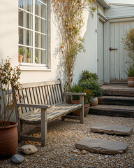 Rustic wooden bench outside white cottage entrance with vintage door and climbing vines