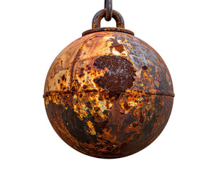 Close-up of a large, rusty, metal sphere hanging by a chain against a dark background