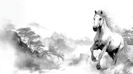 好的，根据这幅水墨画风格的奔马图，结合热门主题，为您生成以下售图标题：

Dynamic Horse Running in Traditional Chinese Ink Wash Landscape for Business Branding and Inspiration