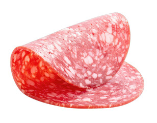 A single, close-up shot of salami slices with a black background, shows detailed texture