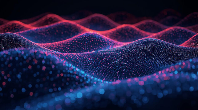 Abstract digital wave background with glowing blue and red particles. Futuristic data visualization, modern technology concept, neural network, sound waves illustration. - Powered by Adobe