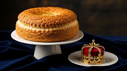 A regal presentation of a ring cake and a miniature crown