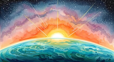 Vibrant Sunrise Over Planet Earth Horizon.