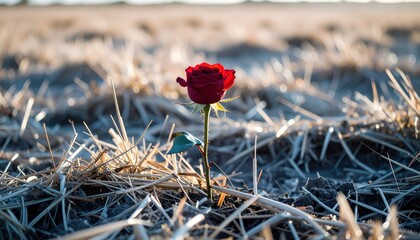 A vibrant crimson rosebud emerges from a field of dry stalks at golden hour, symbolizing resilience and hope amidst a desolate landscape.