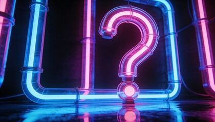 A glowing neon question mark against a dark background, symbolizing inquiry and curiosity