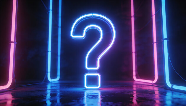 A glowing neon question mark against a dark background, symbolizing inquiry and curiosity - Powered by Adobe