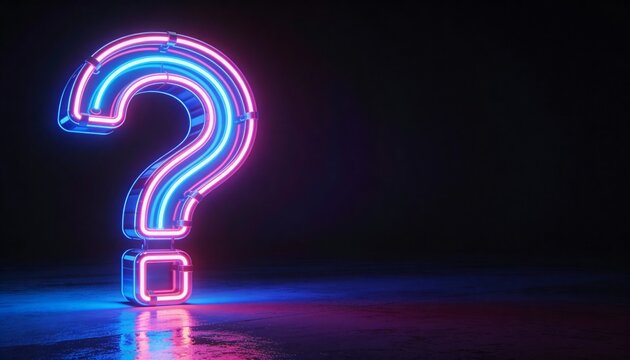 A glowing neon question mark against a dark background, symbolizing inquiry and curiosity