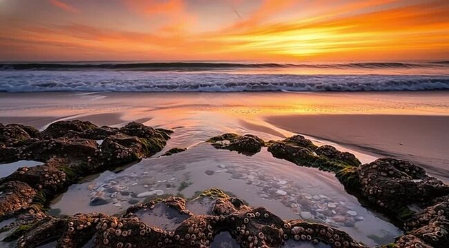 Dramatic Ocean Sunset Beach View Tide Pool Foreground Golden Hour Sky Seascape Waves Shoreline Rocks Shells