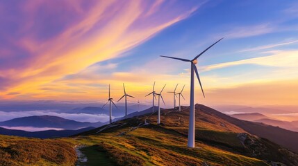 Wind turbines stand on a mountain with a sunset sky full of colors and clouds above a valley in the distance during evening hours