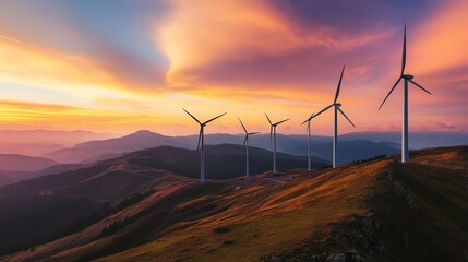 Wind turbines stand on mountains during rainbow sunset in the sky over the landscape