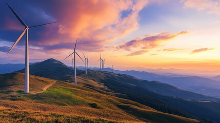 Wind turbines stand on a mountain during a sunset with a rainbow sky casting colors over the landscape and highlighting renewable energy sources in action