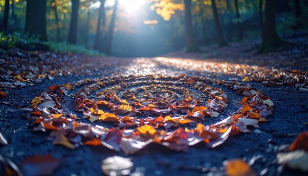 Intricate autumn leaf spiral arrangement on forest path bathed in warm sunlight
