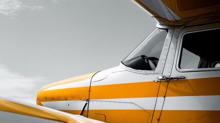 The front of a yellow and white airplane