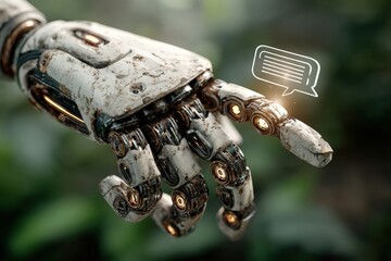 Robot's hand interacts with digital chatbot interface displaying text messages, enabling communication and assistance