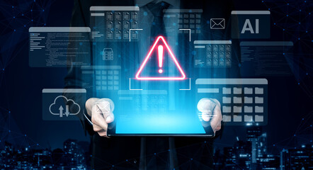 A businessman holds a tablet displaying a glowing warning sign, surrounded by digital data elements, symbolizing technology risks and cybersecurity challenges. Gantry