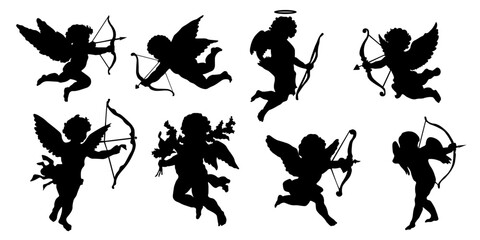 Set of cupid silhouettes in different flying poses with bow and arrow. Black vector silhouettes of angel of love isolated on white background. Romantic illustration symbolizing love, Valentine’s Day, 