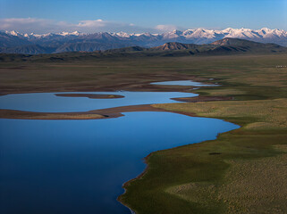a mountain lake under snow-capped mountains