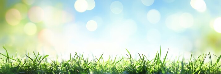 Obraz premium Green grass and blue sky with bokeh effects represent World Environment Day celebration and appreciation of nature in a bright outdoor setting