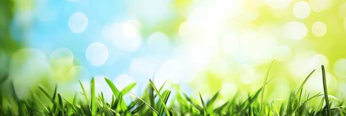 Obraz premium World environment day celebrates nature with green grass under bright blue sky and soft light effects in the background