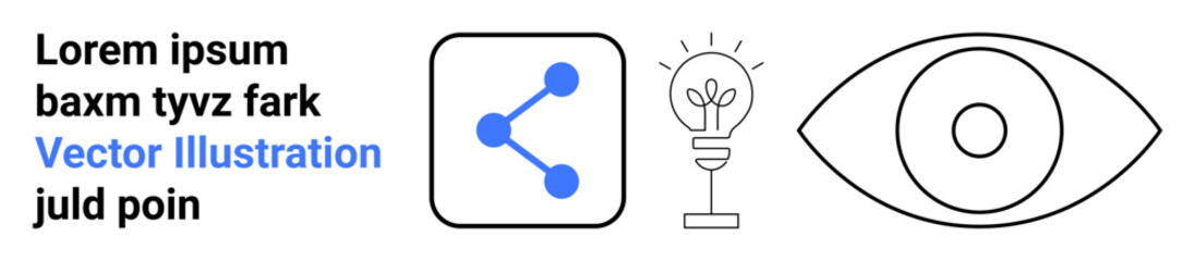 Social media, networking, creativity, idea development, innovation, vision. Blue share icon, bulb indicating ideas and a minimalistic eye symbol. Social media and creativity © robu_s