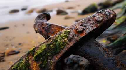 Close-up shot of a weathered, rusty metal structure partially covered in moss, lying on a sandy beach, with blurred ocean water and rocks in the background, under an overcast sky.