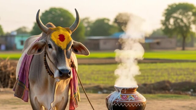 Holy white cow with turmeric and kumkum mark near boiling milk clay pot with smoke village background for harvest celebration or makar sankranti, pongal and lohri