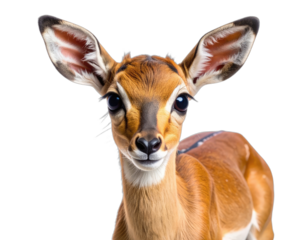 Close-up portrait of a young gazelle with large ears against a black background.
