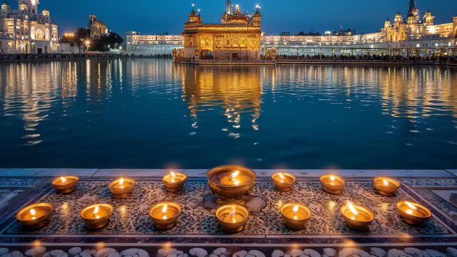 Golden Temple shines at night with floating lights in water in Amritsar India during festival celebration