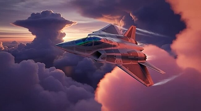 Stealth fighter jet soaring above clouds futuristic military aircraft technology concept powerful sunset light digital render