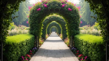 A serene garden pathway with floral archways and manicured hedges leading to a distant white structure
