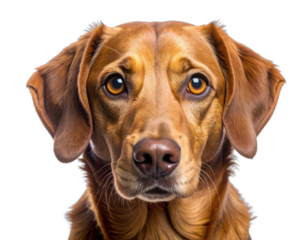 A striking close-up portrait of a brown dog against a stark black background.