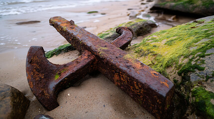 A relic from the past rests ashore, its rust telling tales of the sea. The weathered anchor lies on the sandy beach, where time and tide embrace its vintage charm.