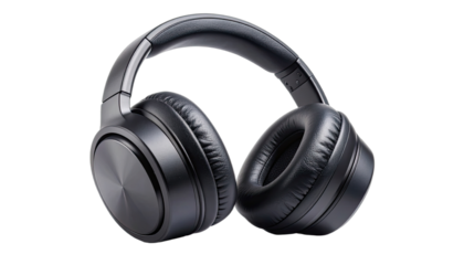 Close-up shot of sleek, black over-ear wireless headphones on a solid black background.
