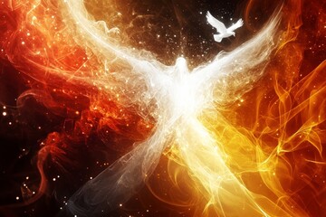 A colorful, fiery, and abstract image of a white bird with a red and orange background. The bird is surrounded by a lot of smoke and fire, giving the impression of a fiery, chaotic, and intense scene