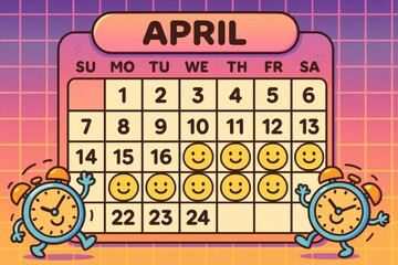 Playful Cartoon Calendar with Smiley Faces and Alarm Clocks for April