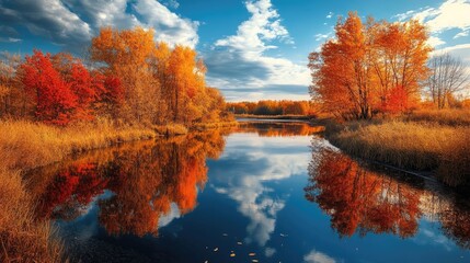 A peaceful river bend meandering through a fiery autumn landscape