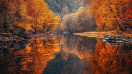 A peaceful river bend meandering through a fiery autumn landscape