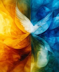 A painting of a white dove with a blue background. The dove is in the middle of the painting, and the background is a mix of blue and yellow. The painting has a calming and peaceful mood