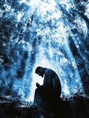 A man is kneeling in a forest, praying. The sky is blue and the sun is shining through the trees