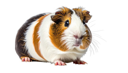 Close-up portrait of a tri-color guinea pig against a black background.