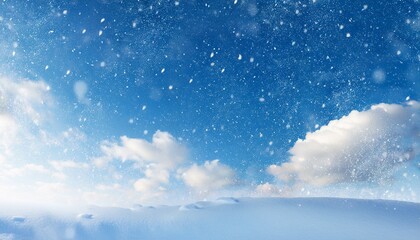 Winter Snowfall Against A Soft Blue Sky With Fluffy Clouds And White Flakes